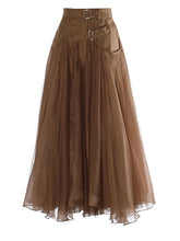 HEYFANCYSTYLE Luxury Khaki Tulle A-Line Buckle Midi Skirt